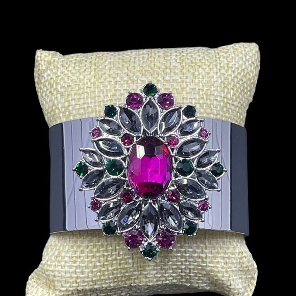 Statement Gem Cuff Bracelet Silver Glam Y2K Baddie Coquette Cocktail Party Bling - Picture 3 of 6